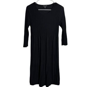 Eileen Fisher Black Ribbed Pleated Wool Dress with 3/4 Sleeves size Small